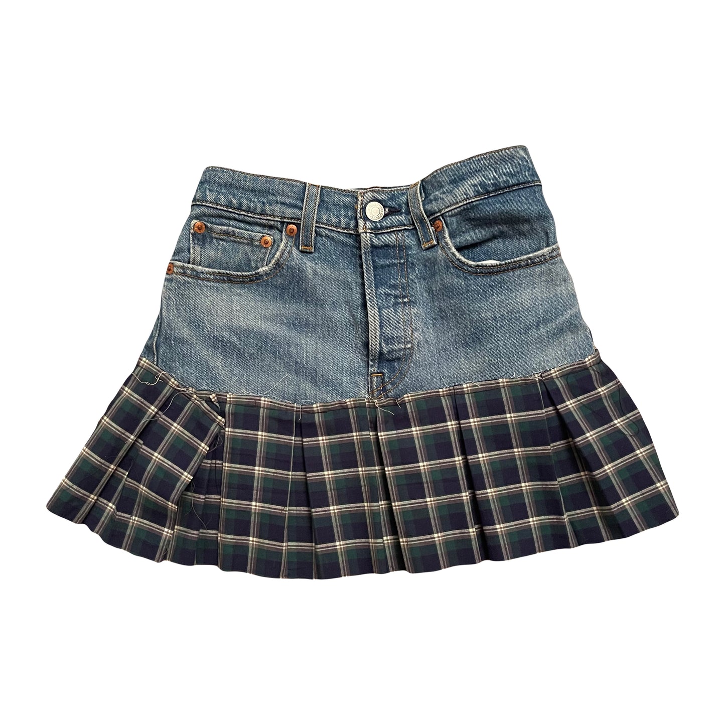 High Rise Denim + Plaid Mini Skirt